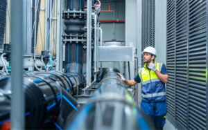Worker Inspecting Chemical Plant Pipes