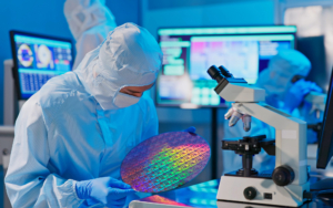 Worker Inspecting Semiconductor Wafer With Microscope