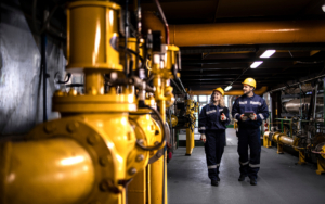 Workers Walking Through Chemical Plant